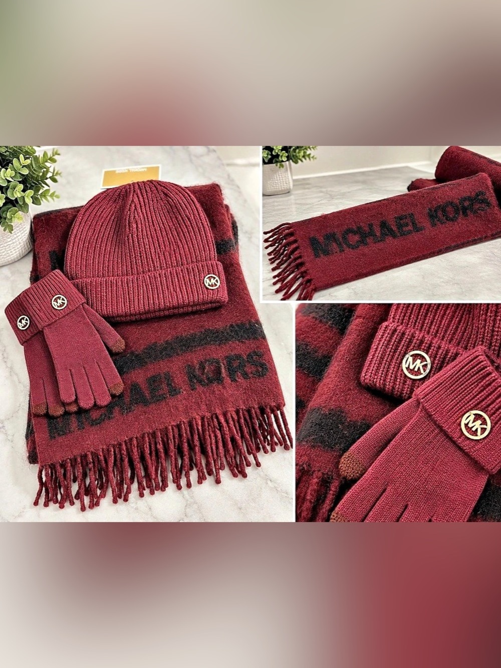 Michael Kors Logo Jacquard Scarf, Beanie and Gloves Gift Set Burgundy & Black